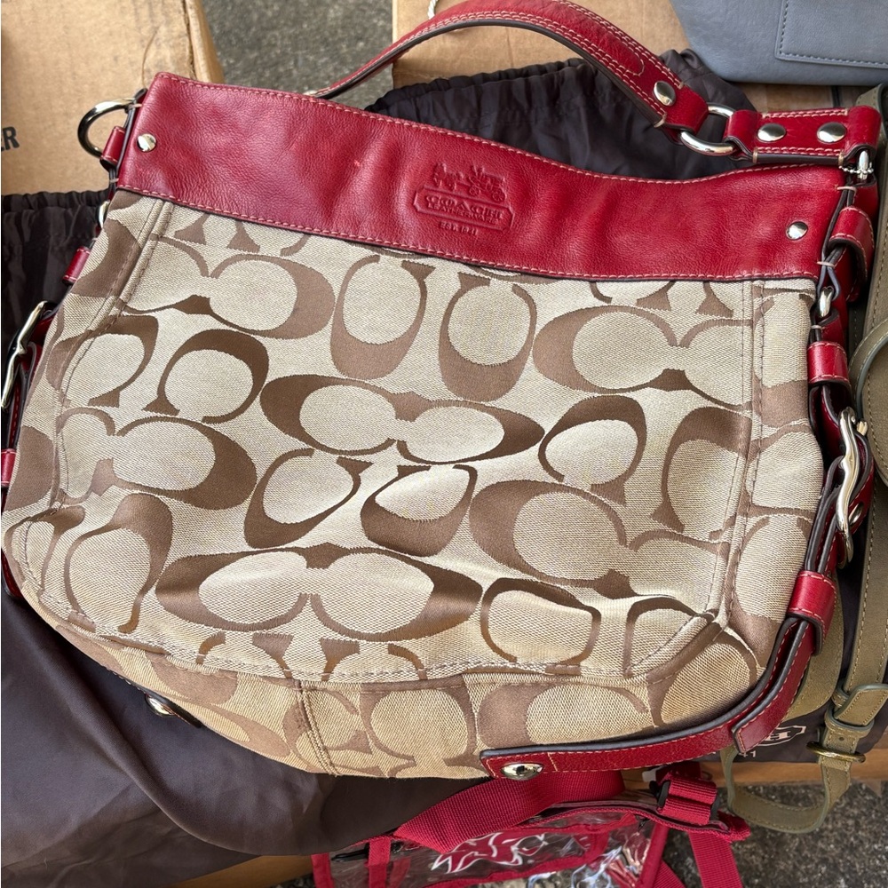 Coach Red and Brown Signature Shoulder Bag